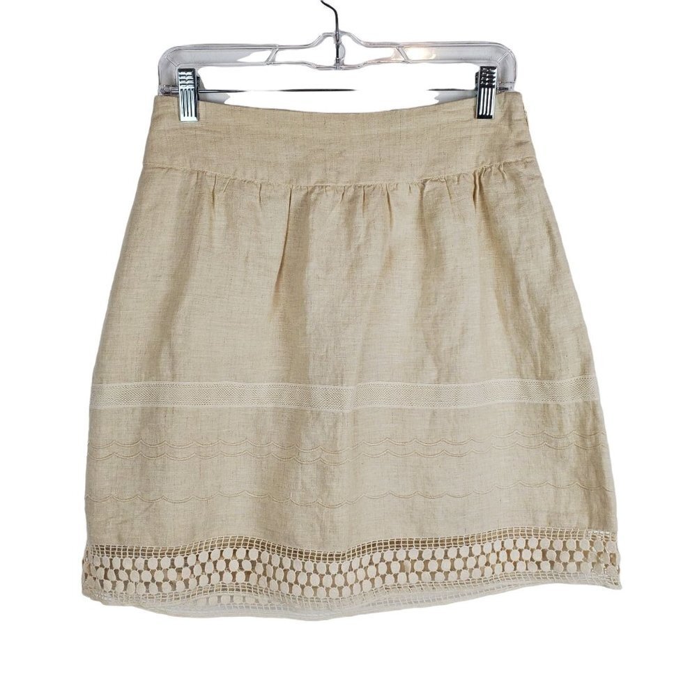LOFT 0 Beige Linen Skirt Side zip Boho Lace‎ trim Cottagecore Lined